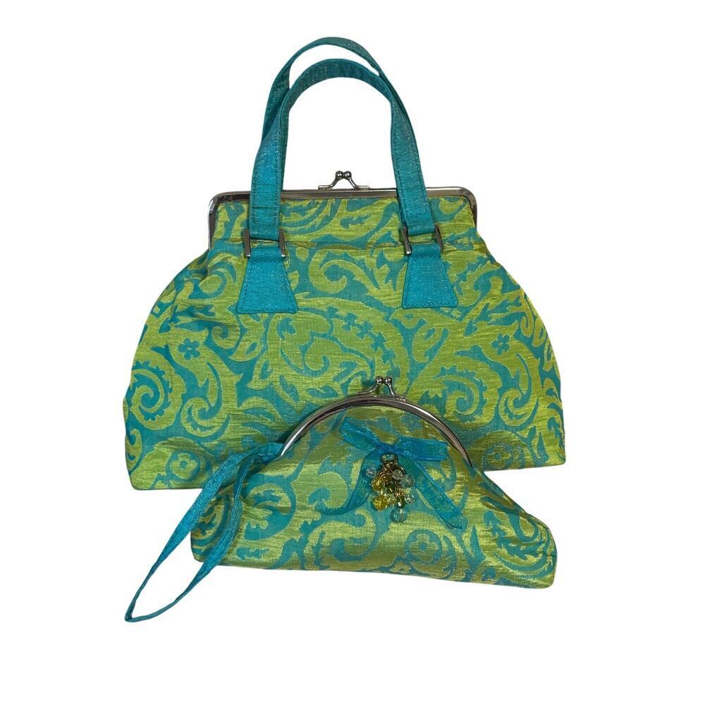 Thai silk Vintage brocade bag & matching wristlet Richly textured metal frame